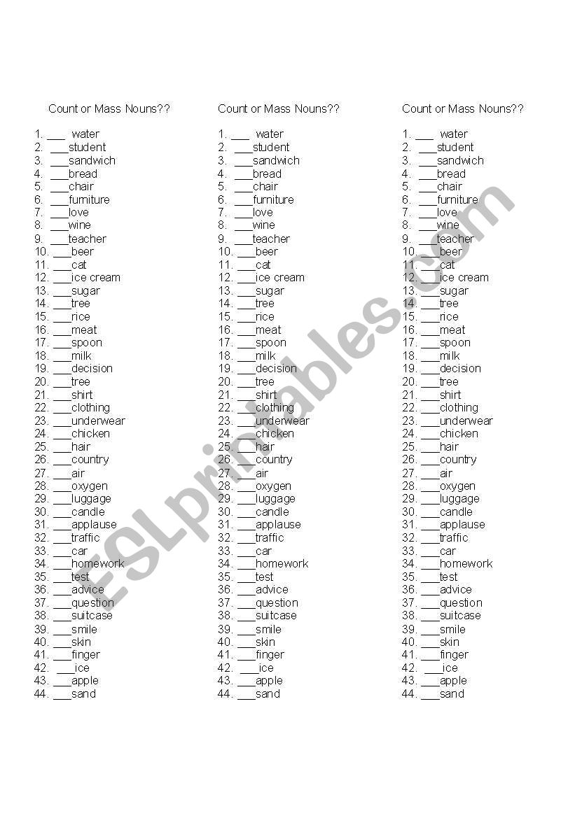 Count or Noncount (mass)??  worksheet