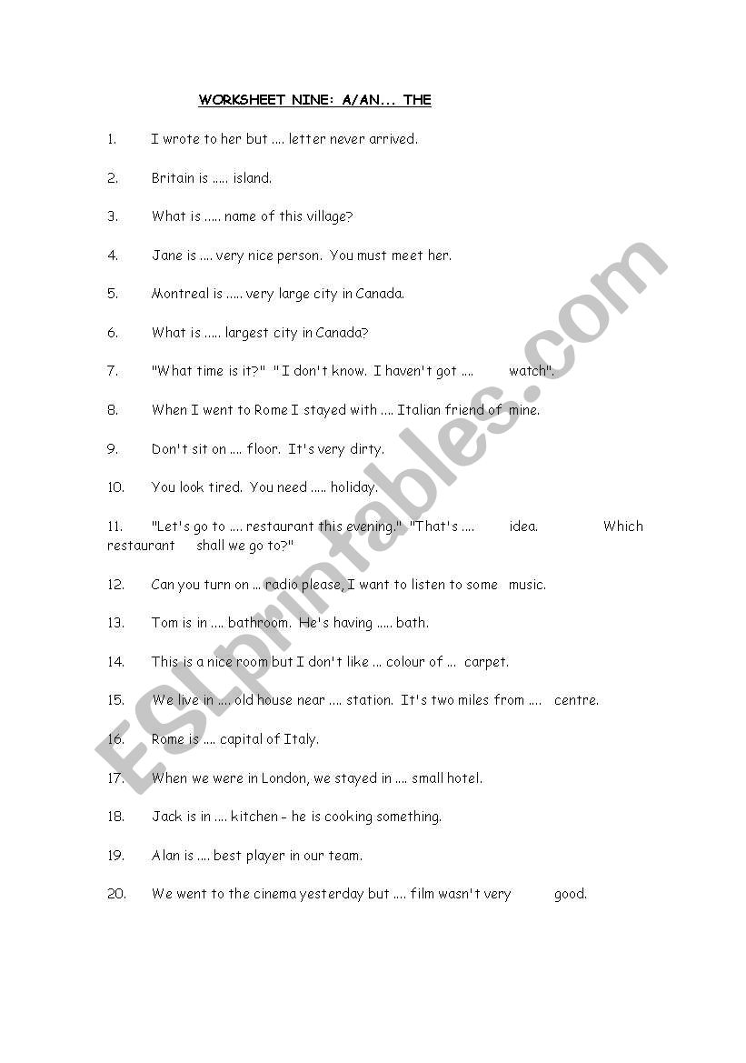 use of the definite article worksheet