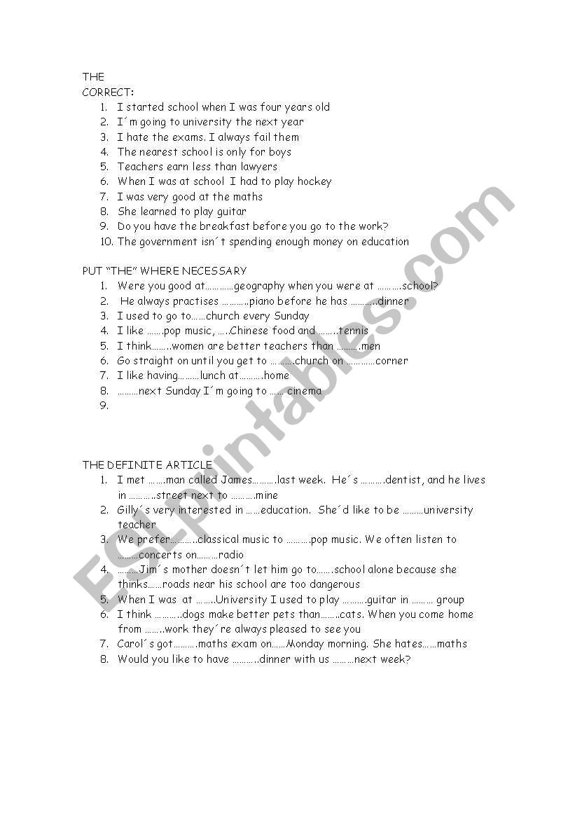 THE DEFINITE ARTICLE worksheet