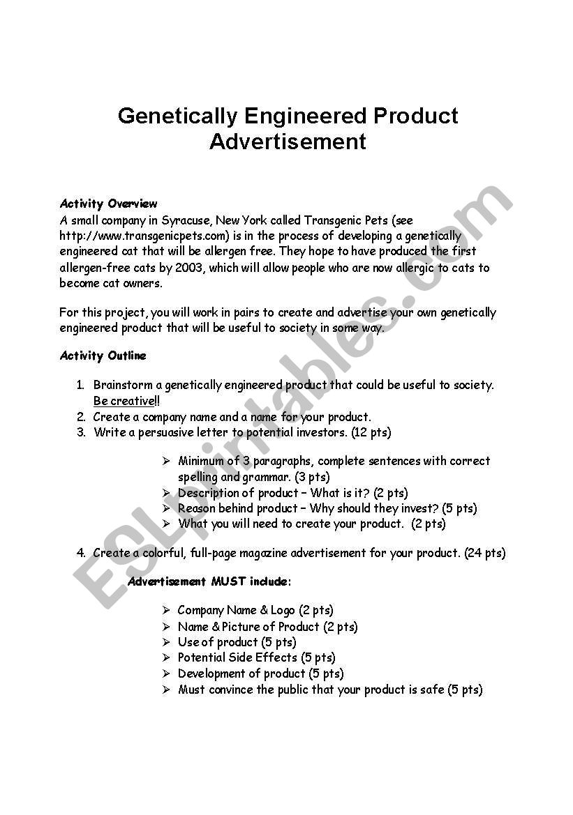GMO Product Advertisement worksheet