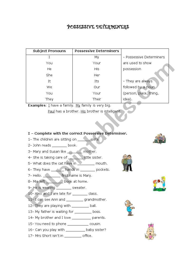 English Worksheets Possessive Determiners