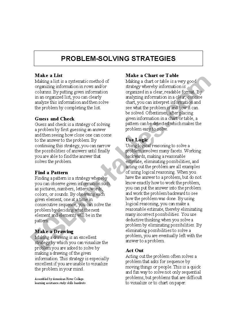 Problem Solving Strategies worksheet