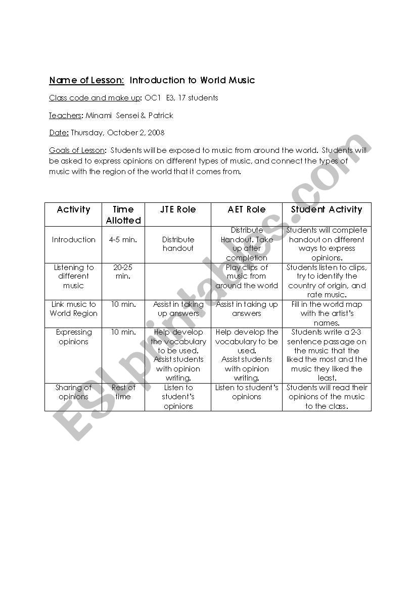 World Music worksheet