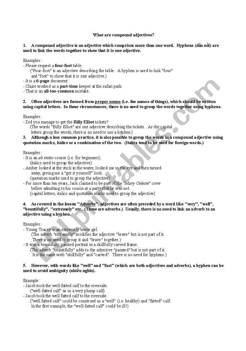 compoud adjective worksheet