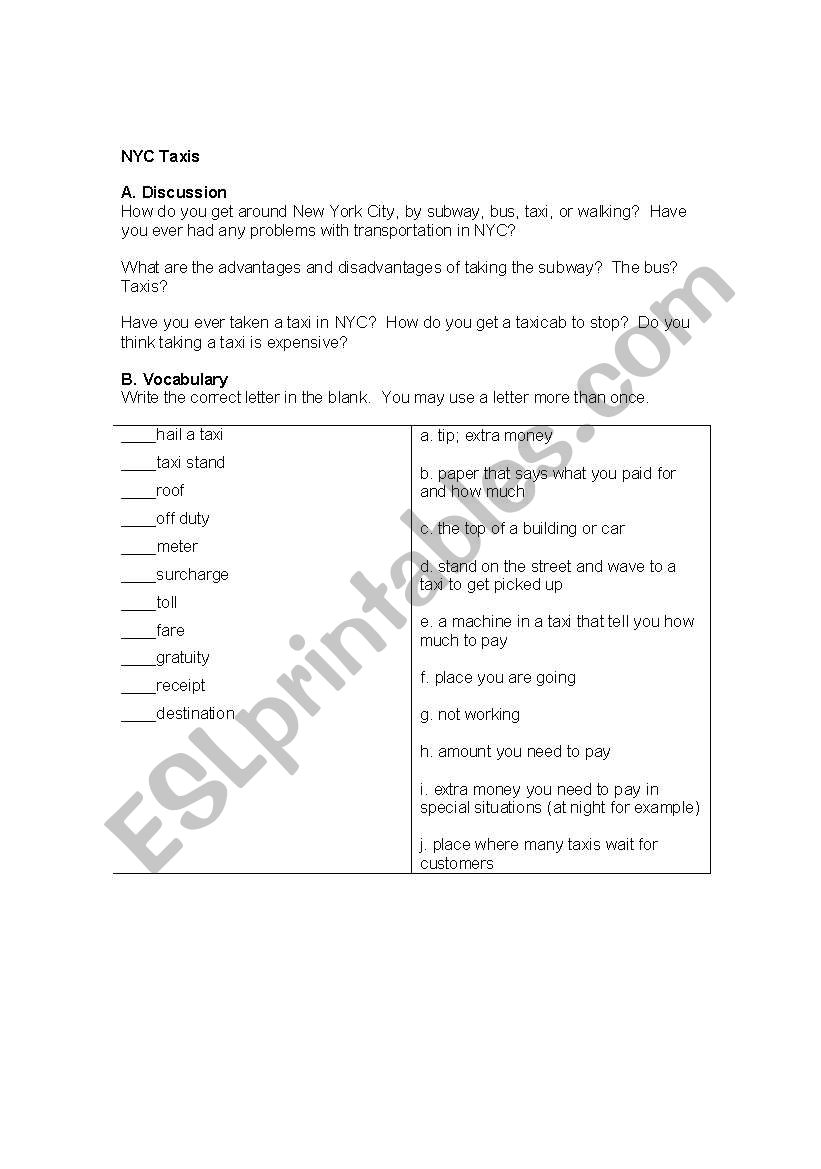 NYC Taxis worksheet