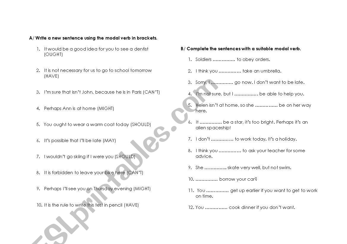 Modal verbs worksheet