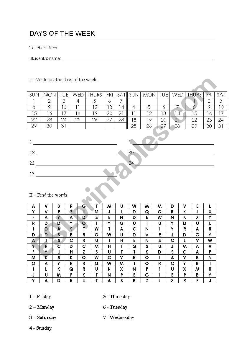 Days of the week worksheet