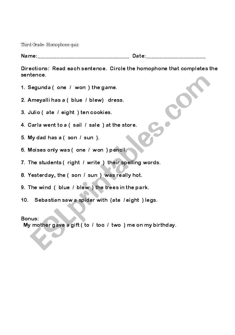 homophone quiz worksheet
