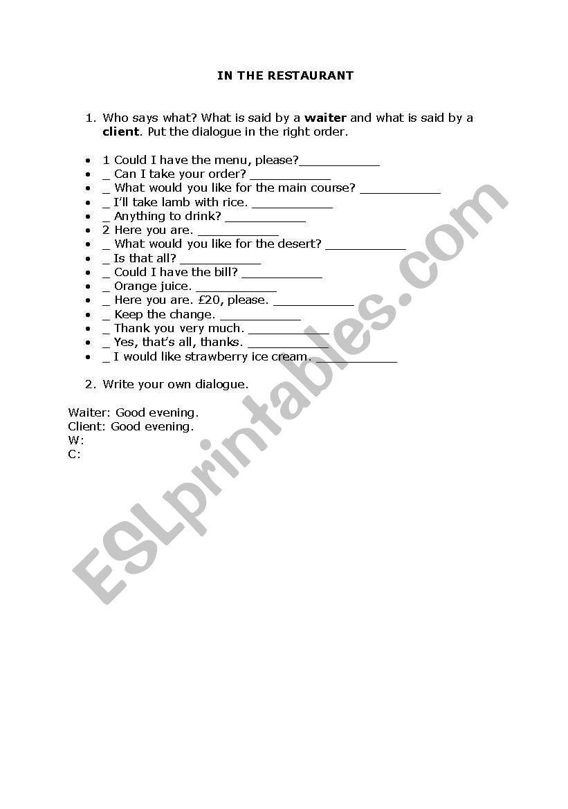 restaurant dialogue worksheet