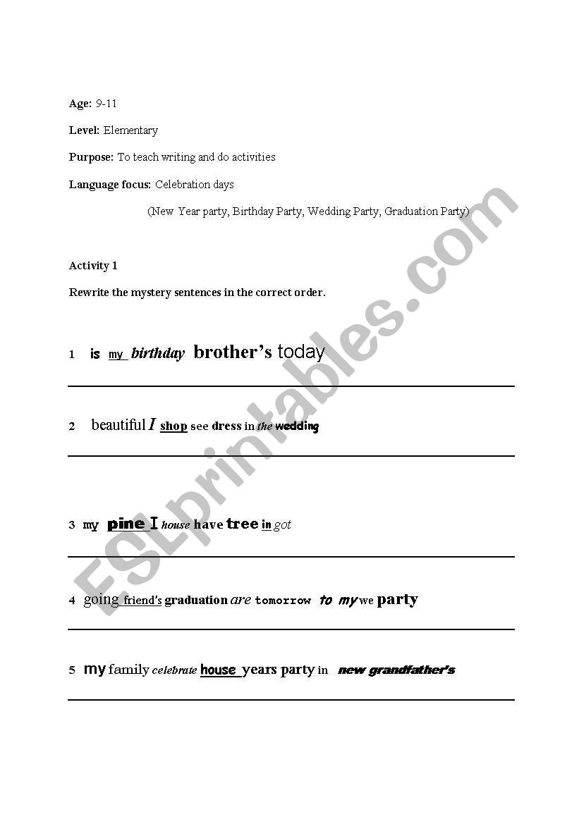 celebration days worksheet