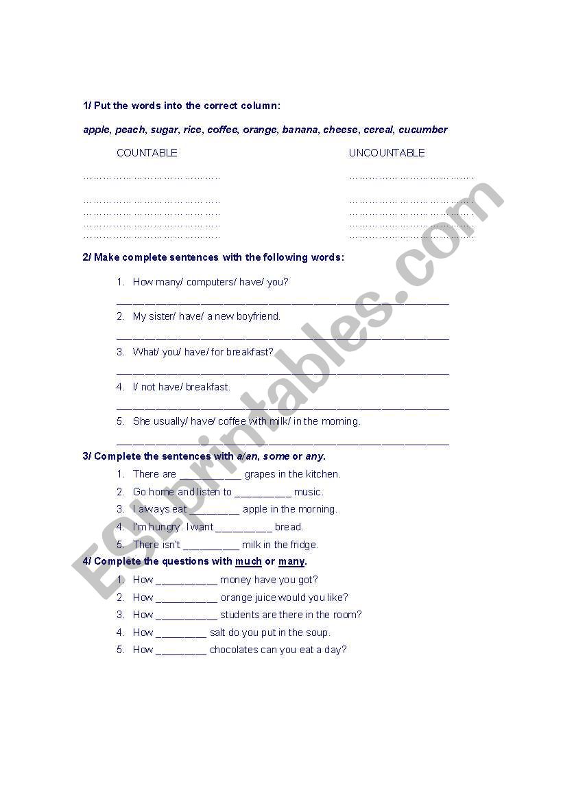 countable/uncoutable worksheet