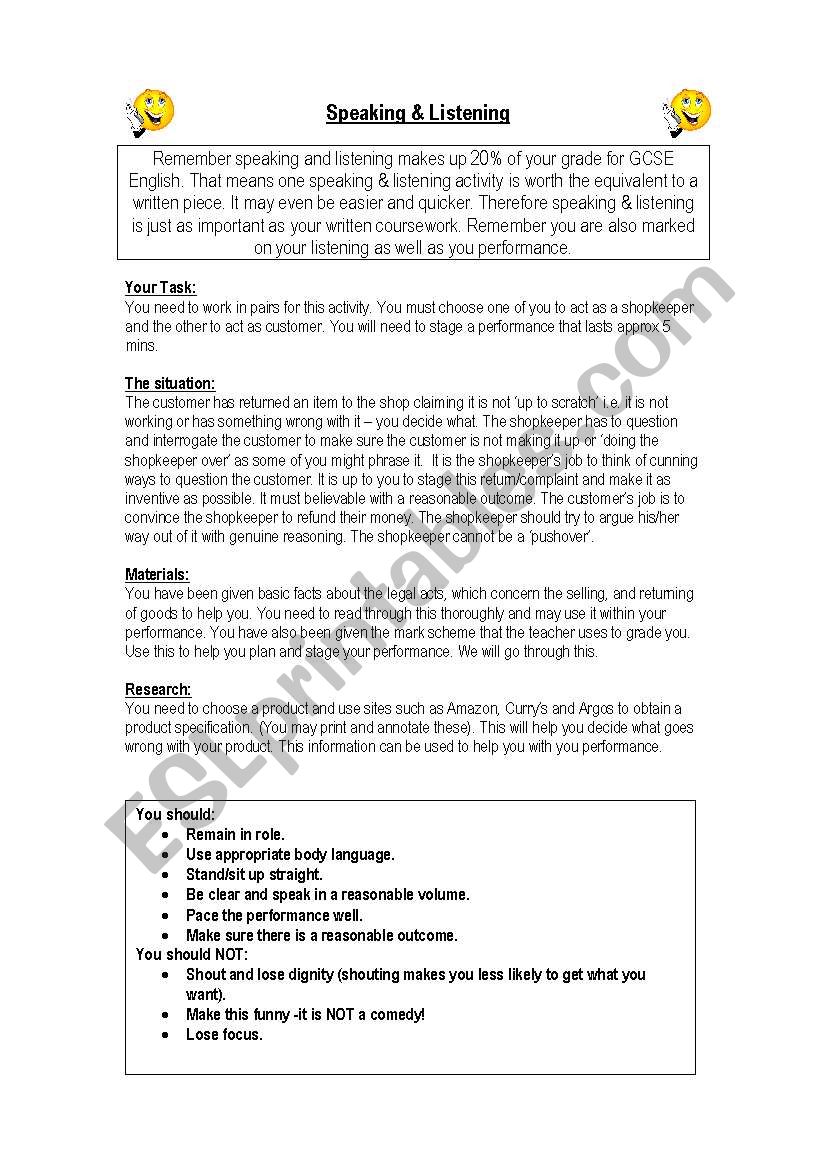 Speaking & Listening worksheet