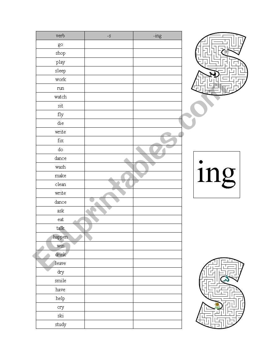 Spelling s and ing worksheet
