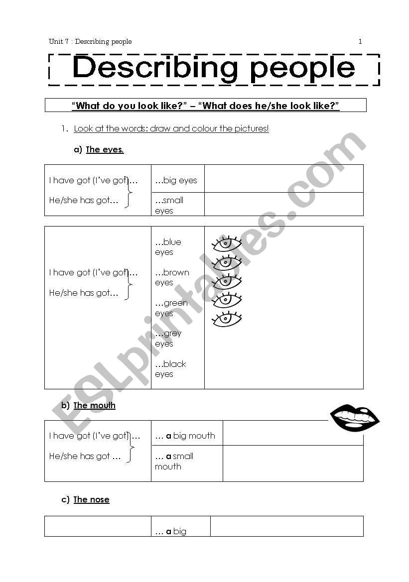 describing peoples face worksheet