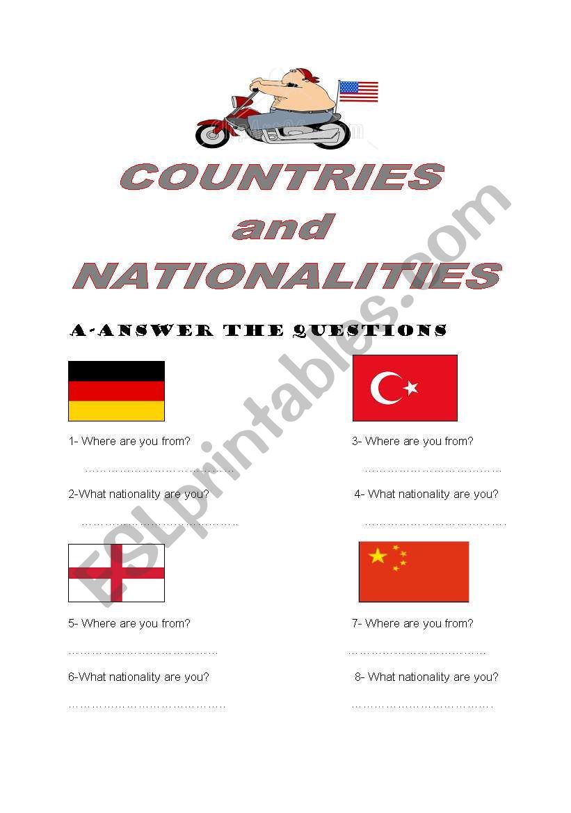 COUNTRY,FLAG and NATIONALITY worksheet