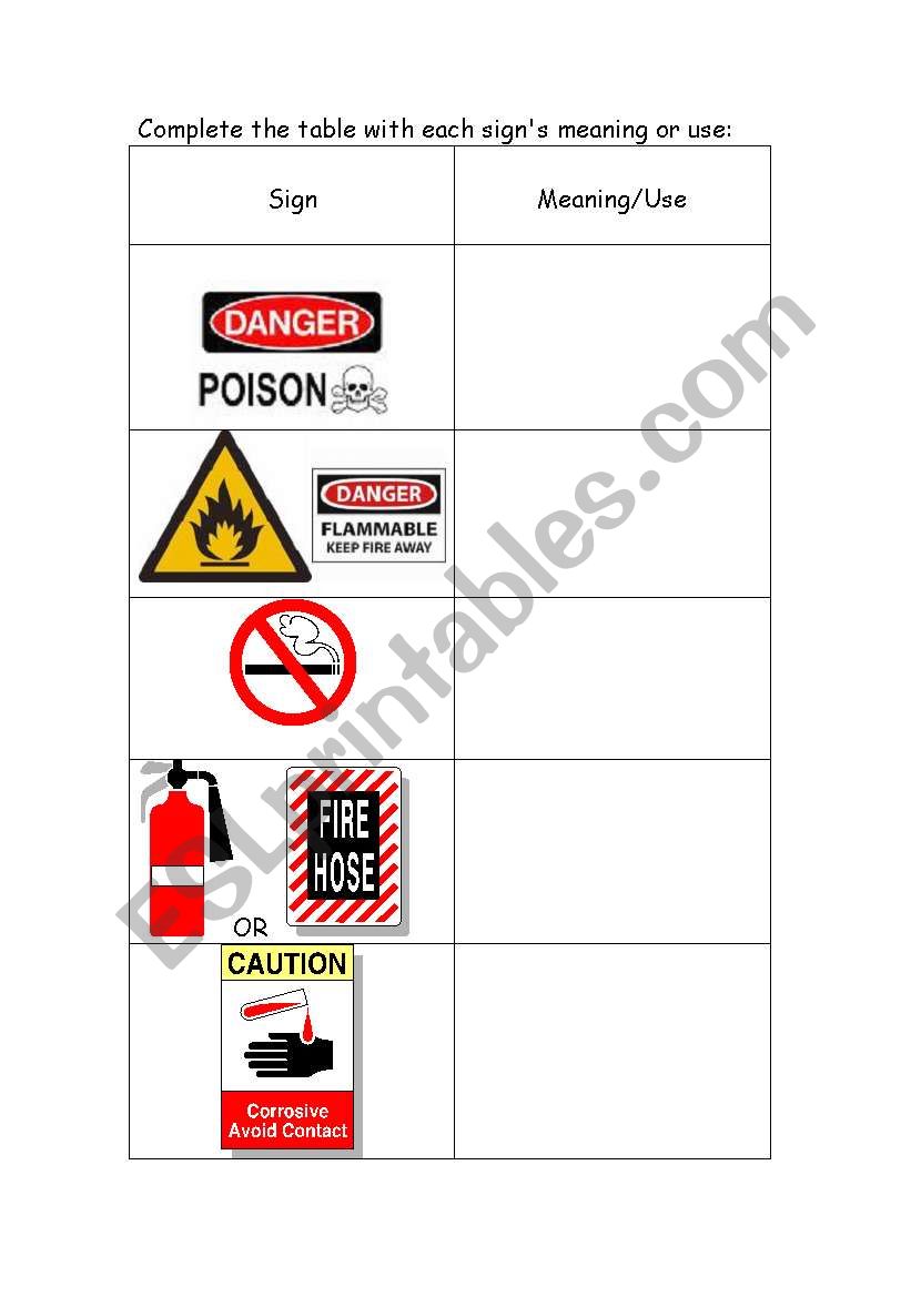Warning Signs and Symbols worksheet