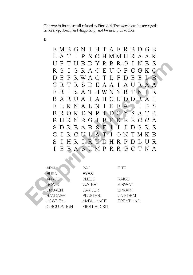 English Worksheets First Aid Word Search