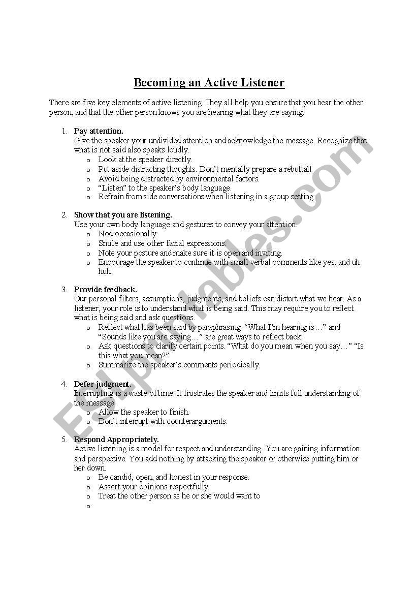 How to be an active listener worksheet