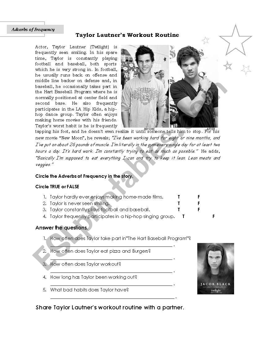 Taylor Lautner´s Workout Routine - ESL worksheet by zavaletar