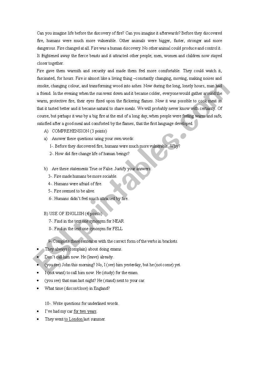 the fire worksheet