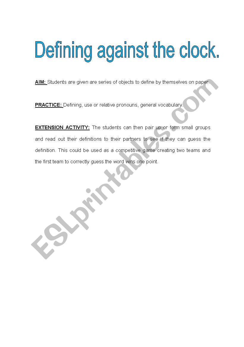 defining against the clock worksheet