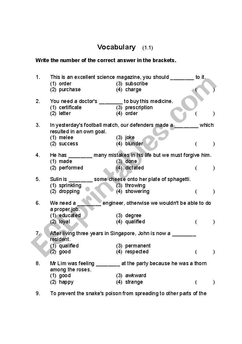 Vocabulary worksheet