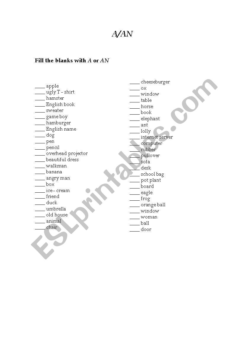 English Worksheets A Or An