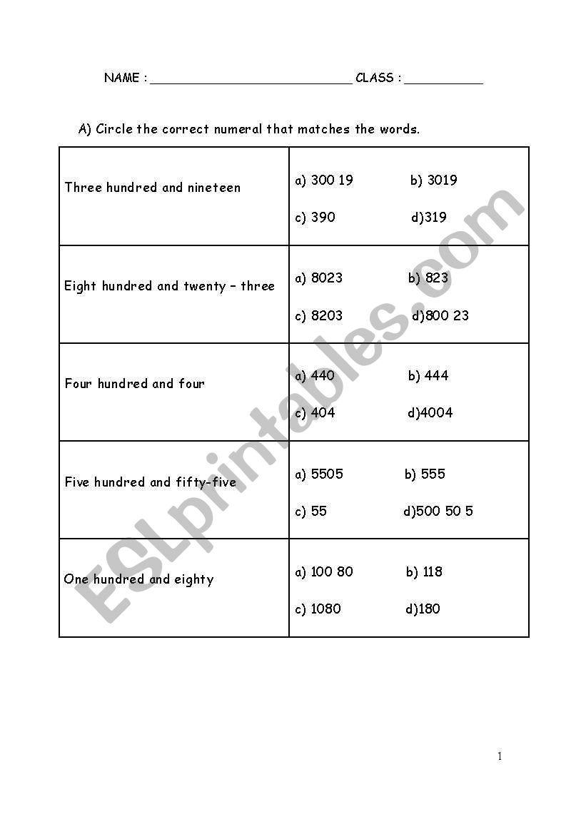 Numbers up to 1000 worksheet