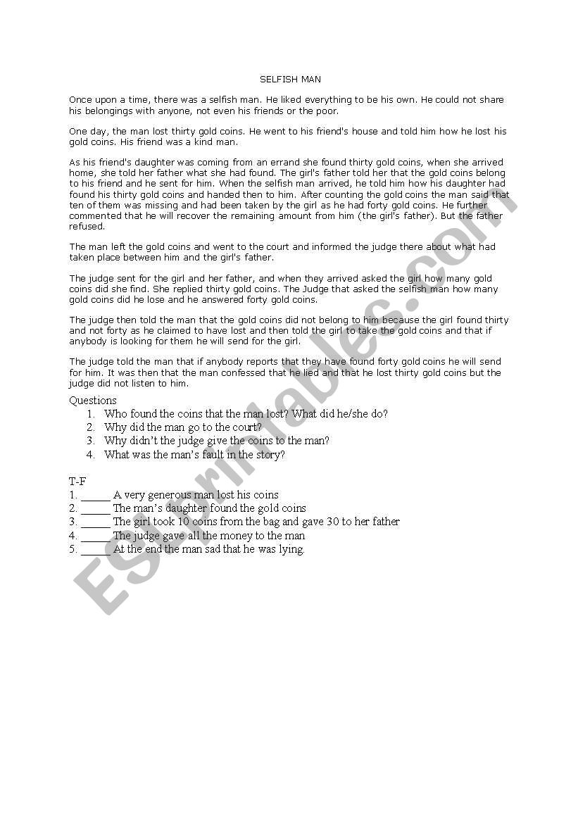 selfish man worksheet