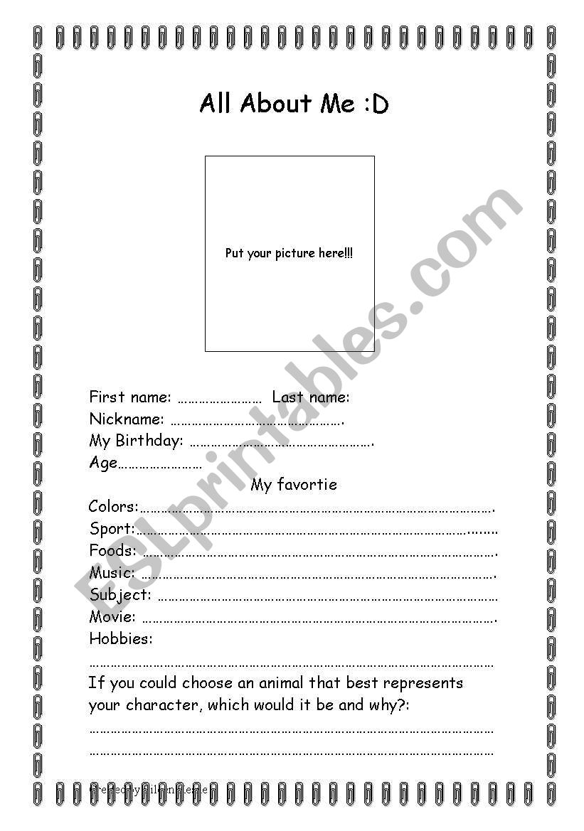 All  About ME worksheet