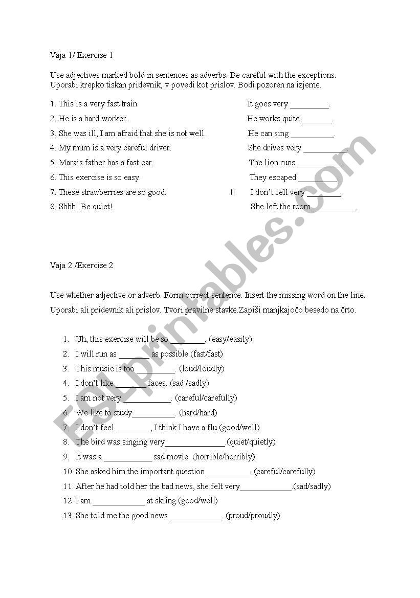 Adverbs/adjectives worksheet