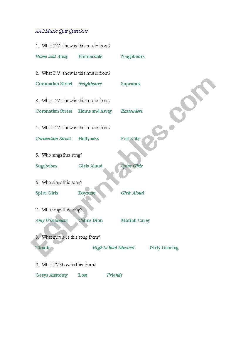 Music quiz worksheet