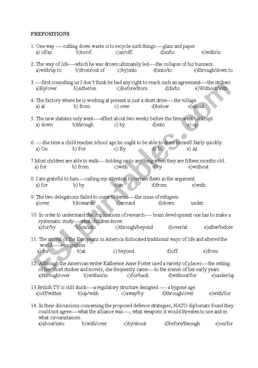 prepositions worksheet