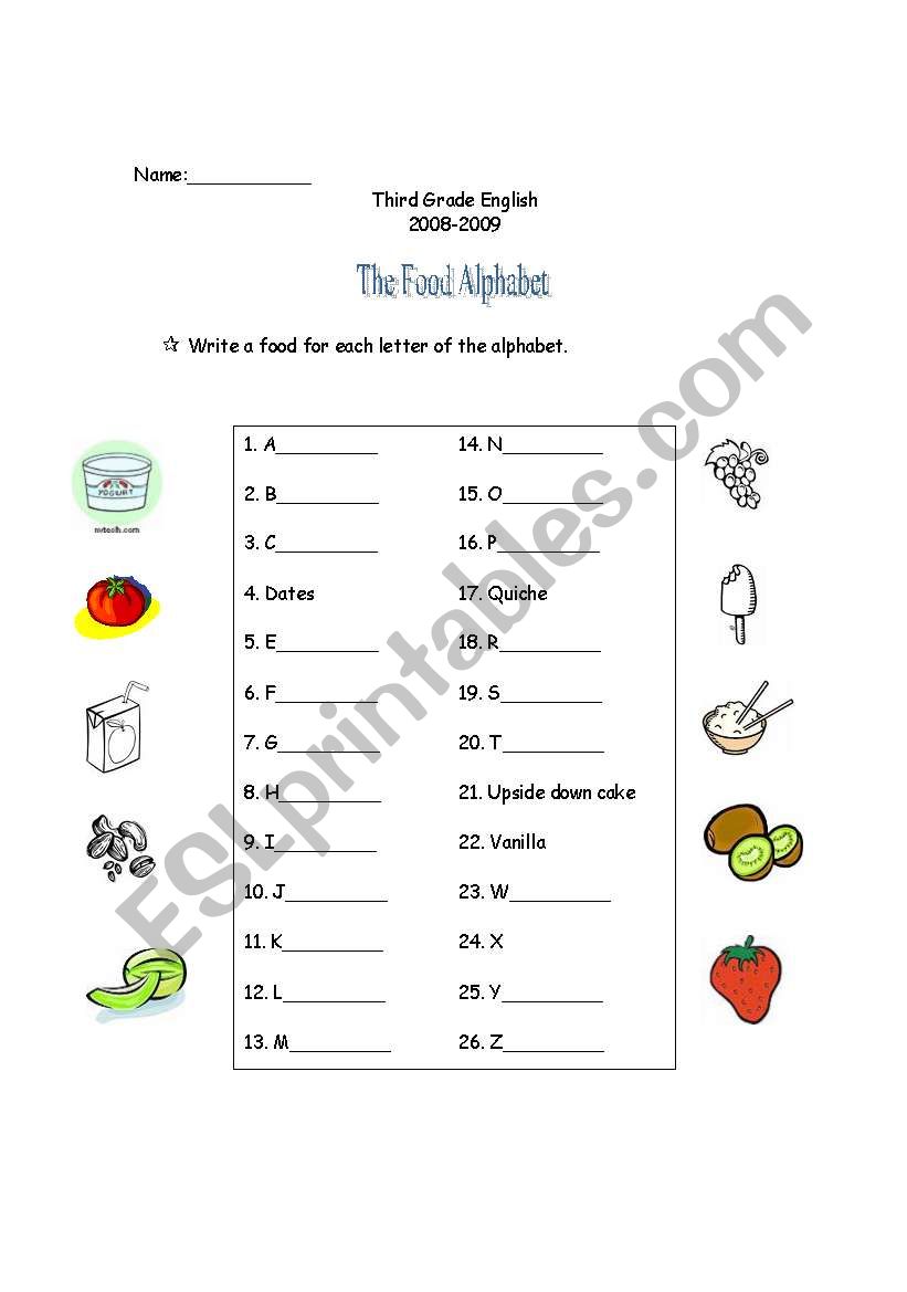 English Worksheets Food Alphabet