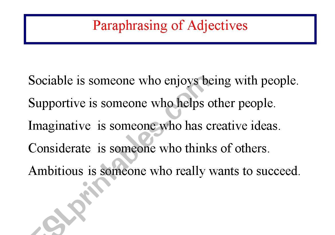 Paraphrasing of adjectives worksheet