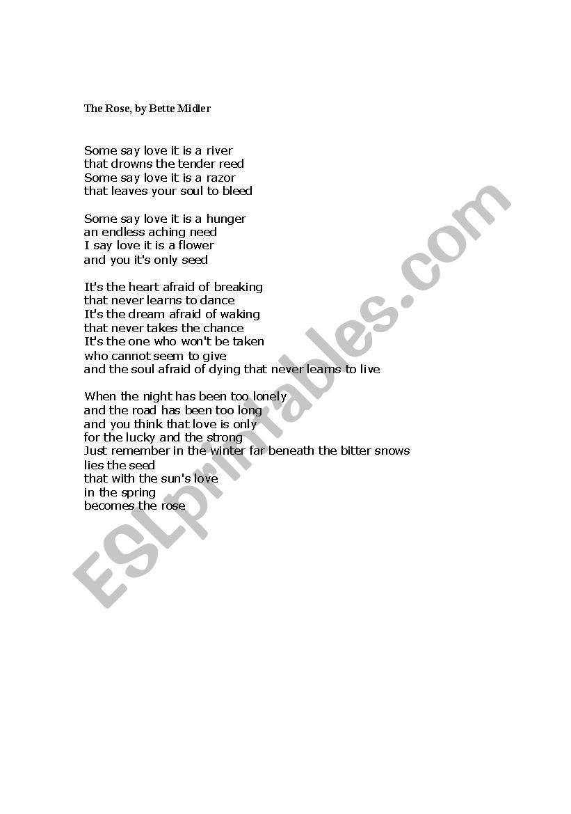 English Worksheets The Rose Missing Lyrics