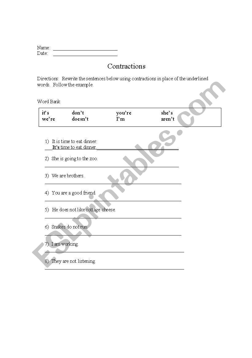 Contractions worksheet