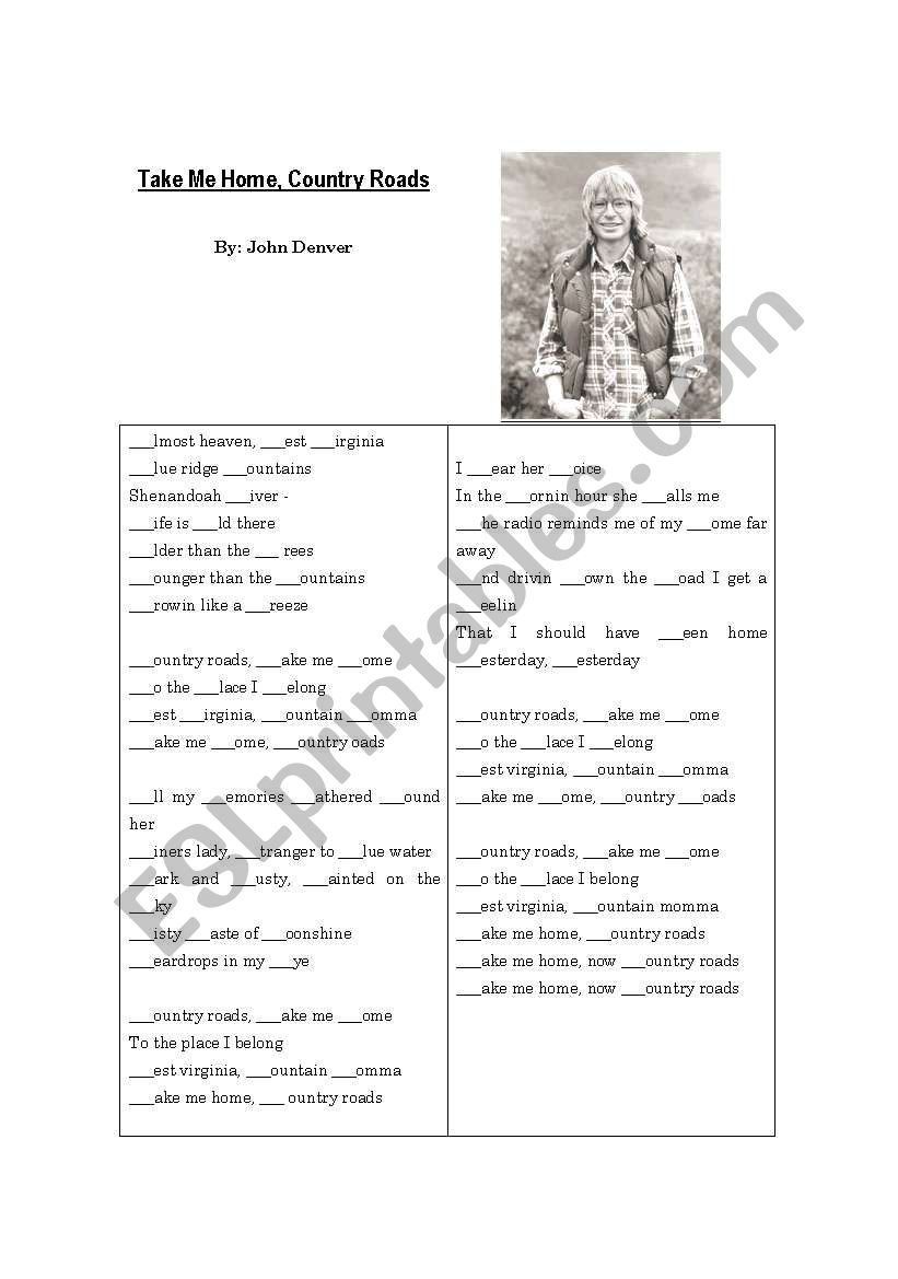 Take Me Home Country Road worksheet