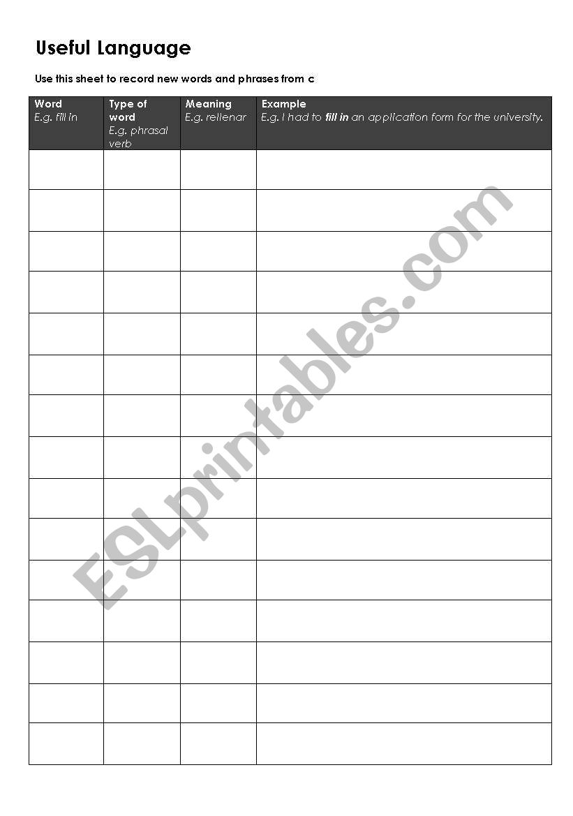 Recording useful language worksheet