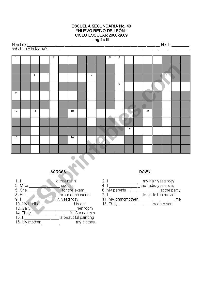 Regular verbs crossword worksheet