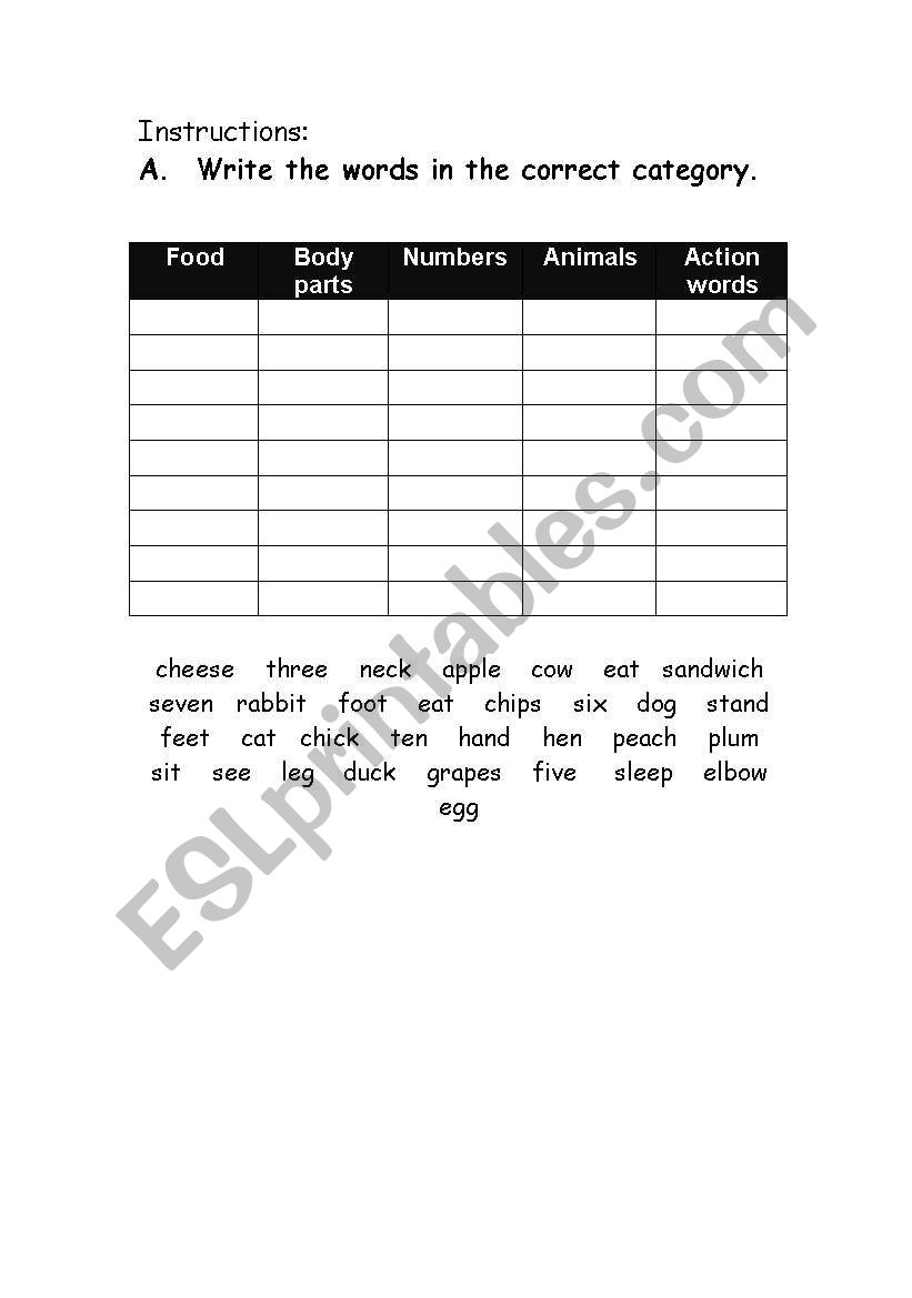 categorize the words worksheet