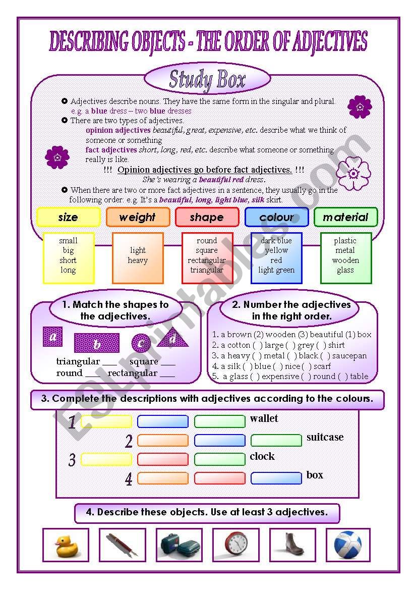 The Order Of Adjectives describing Objects ESL Worksheet By Jadd