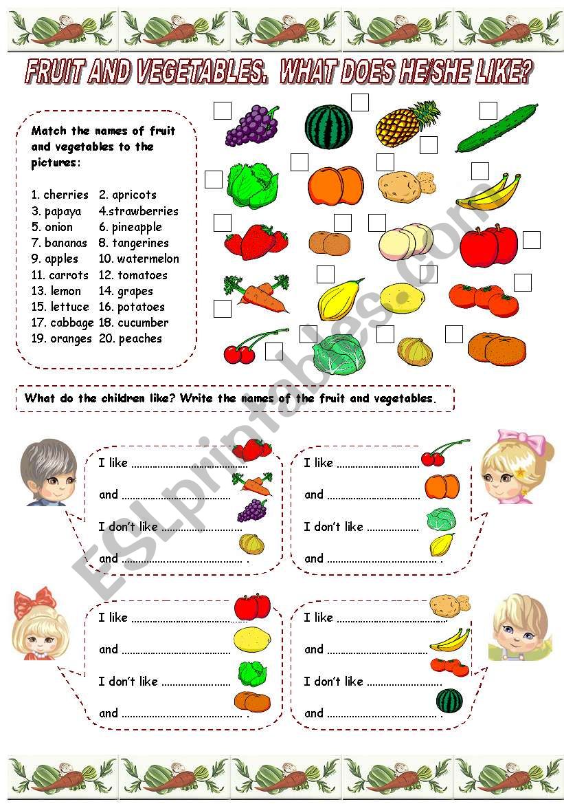 FRUIT AND VEGETABLES. WHAT DOES HE/SHE LIKE? - ESL worksheet by Kamilam
