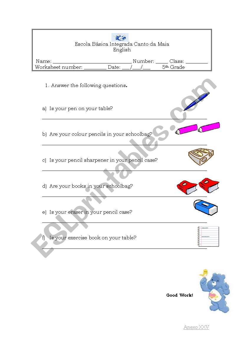 School objects worksheet