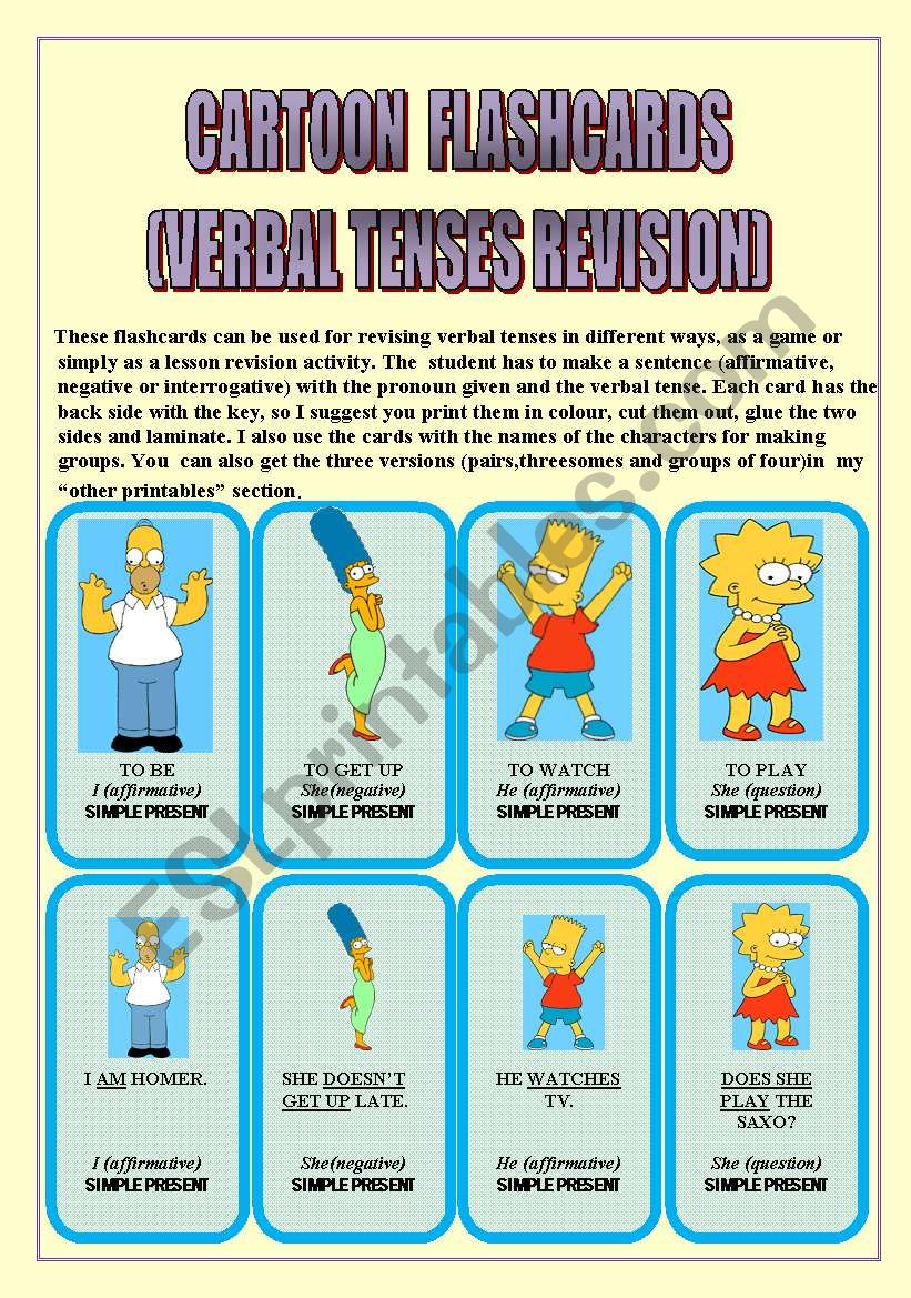 VERBAL TENSES REVISION (with CARTOON CHARACTERS)24 FLASHCARDS: 
