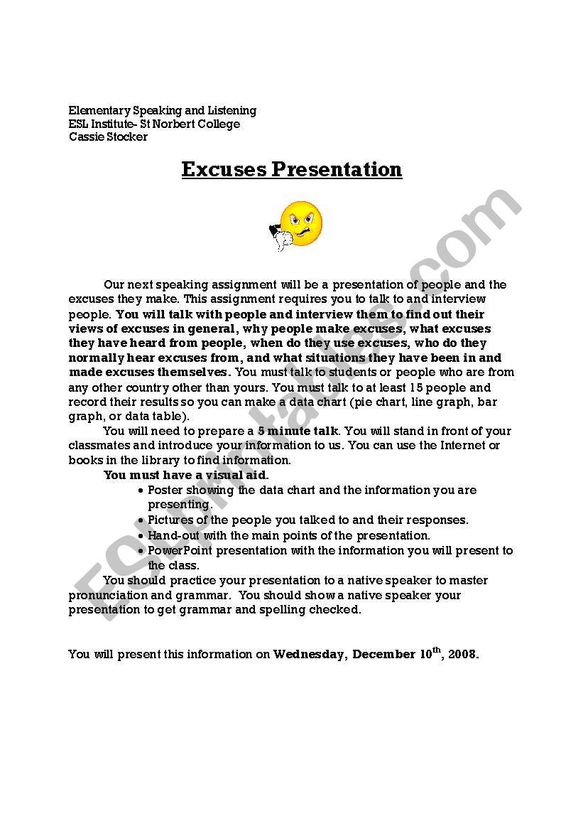 Excuses Presentation worksheet