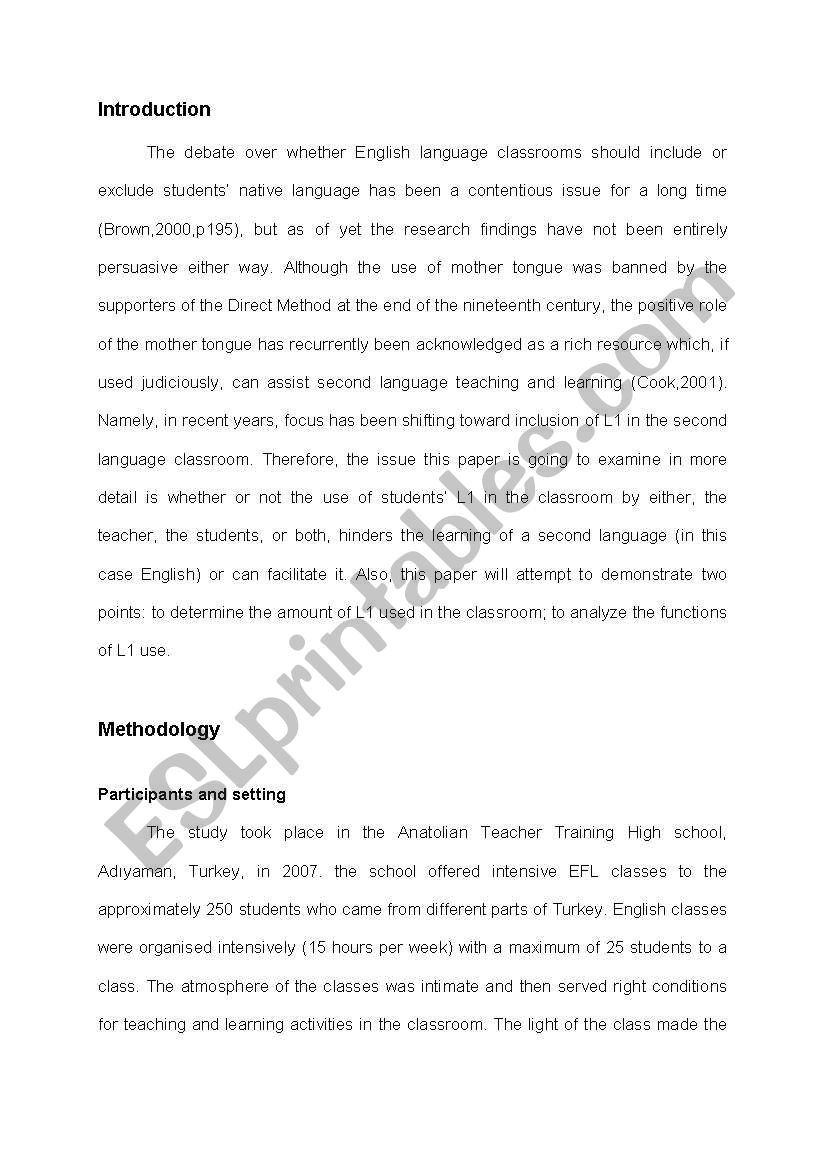 L1 use in the L2 classroom worksheet