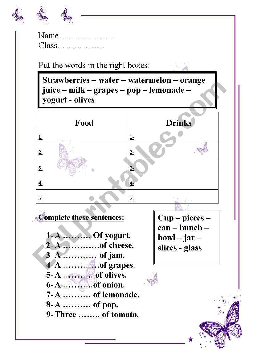 foods and drinks worksheet