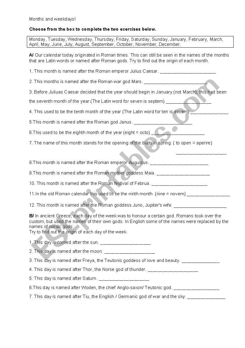 Months and weekdays worksheet