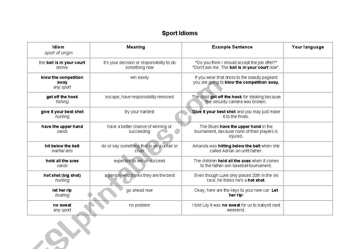 sport idioms worksheet